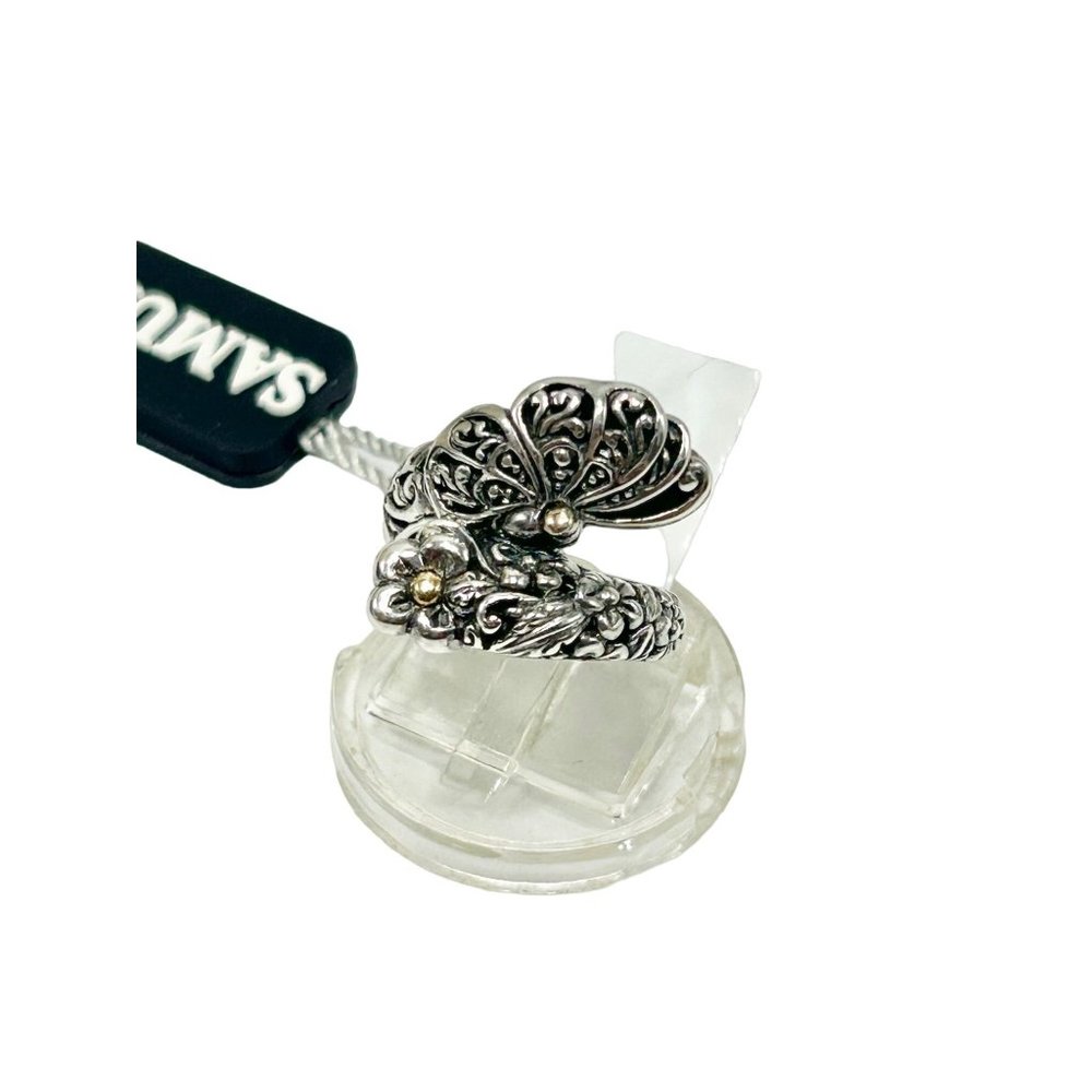 Samuel B Butterfly On Flower Ring Size 5 Sterling Silver with 14K Gold Accents